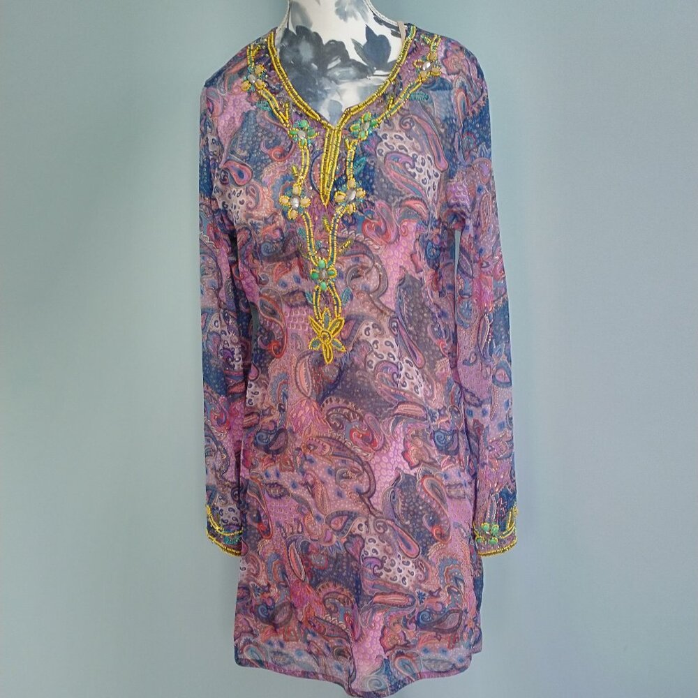 Summer Silk Print Beaded Tunic Dress, size S